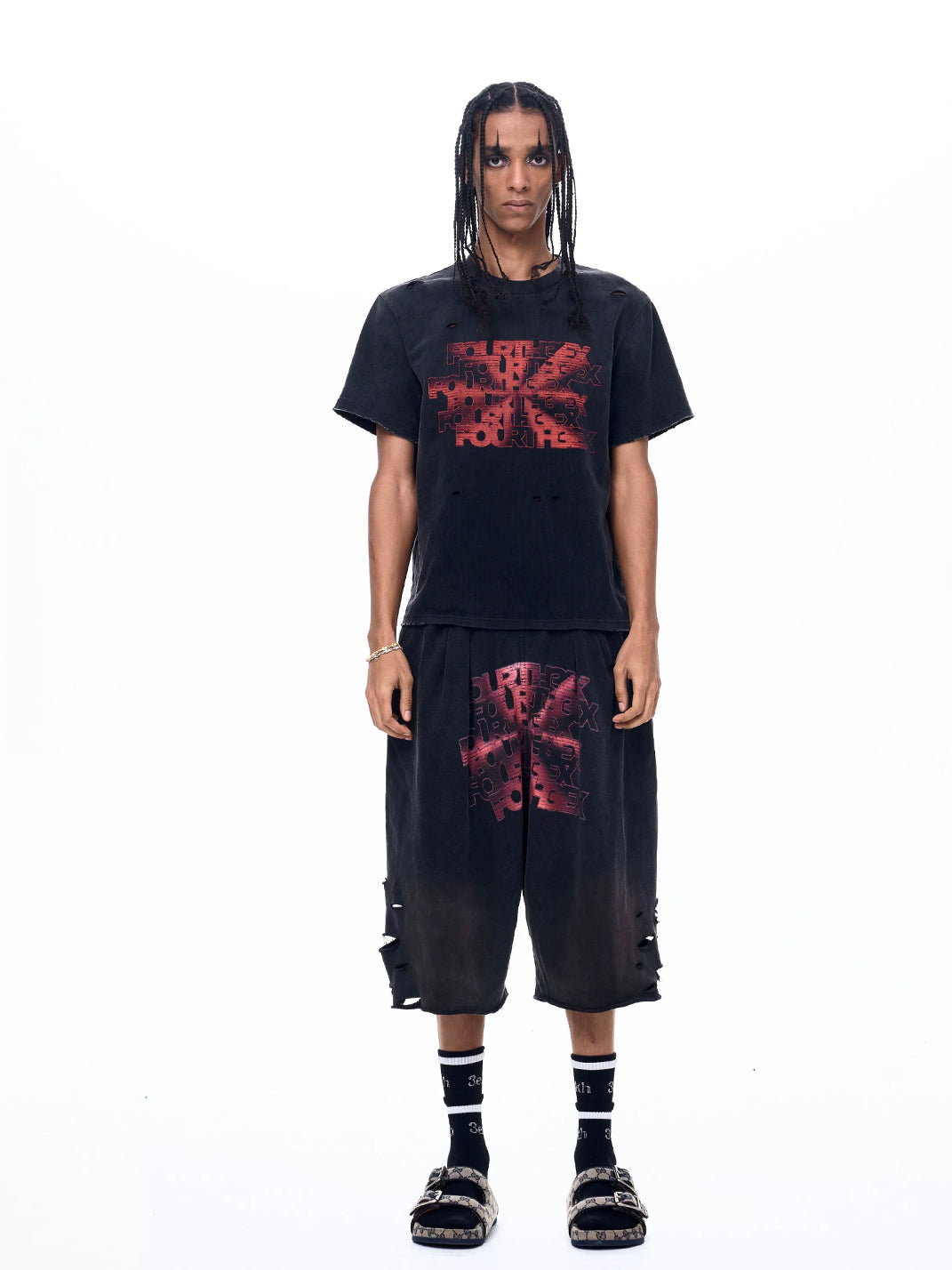 Ripped Logo-Print Longline Shorts - View 5