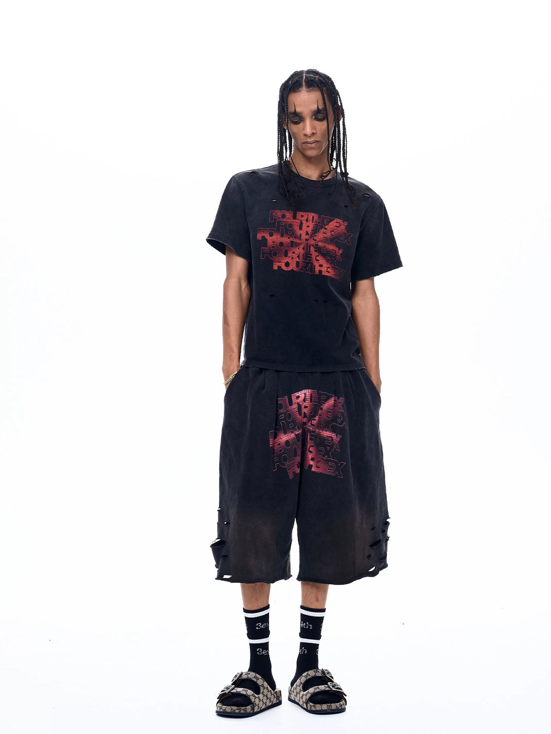 Ripped Logo-Print Longline Shorts - View 6