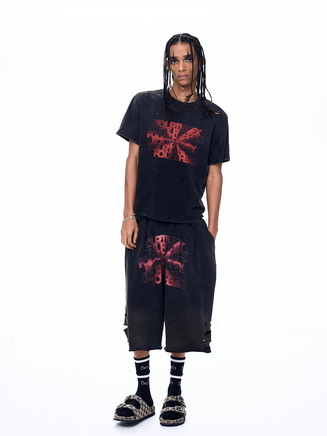 Ripped Logo-Print Longline Shorts - View 8