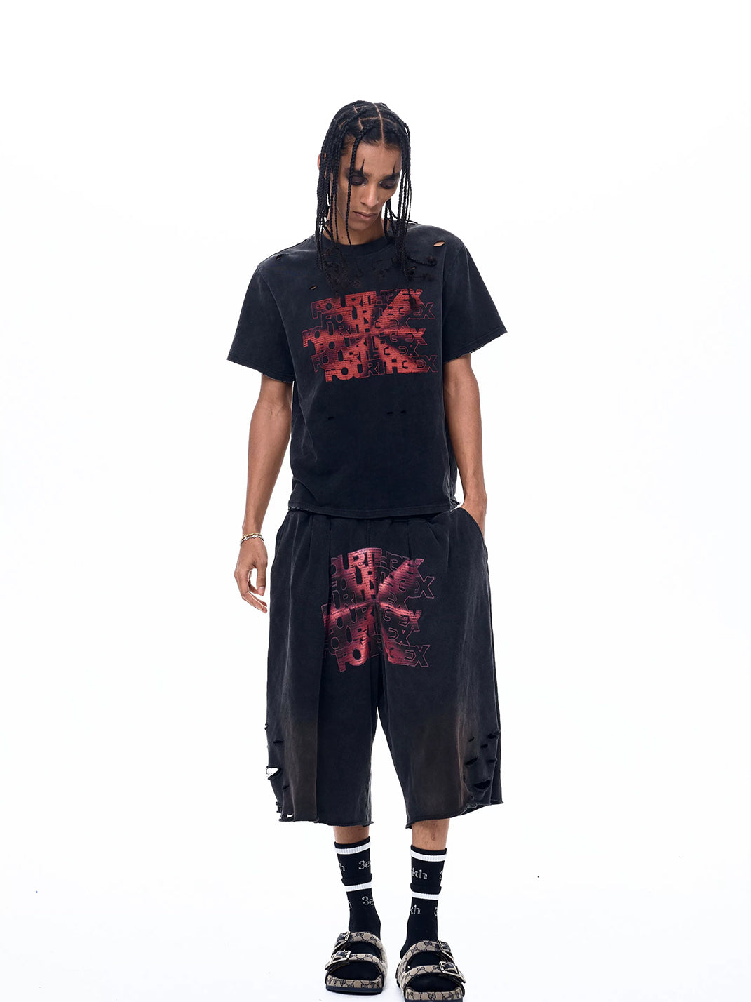 Ripped Logo-Print Longline Shorts - View 9