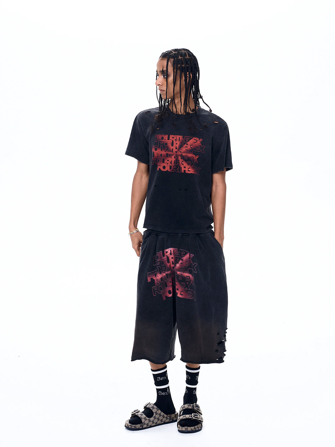 Ripped Logo-Print Longline Shorts - View 10
