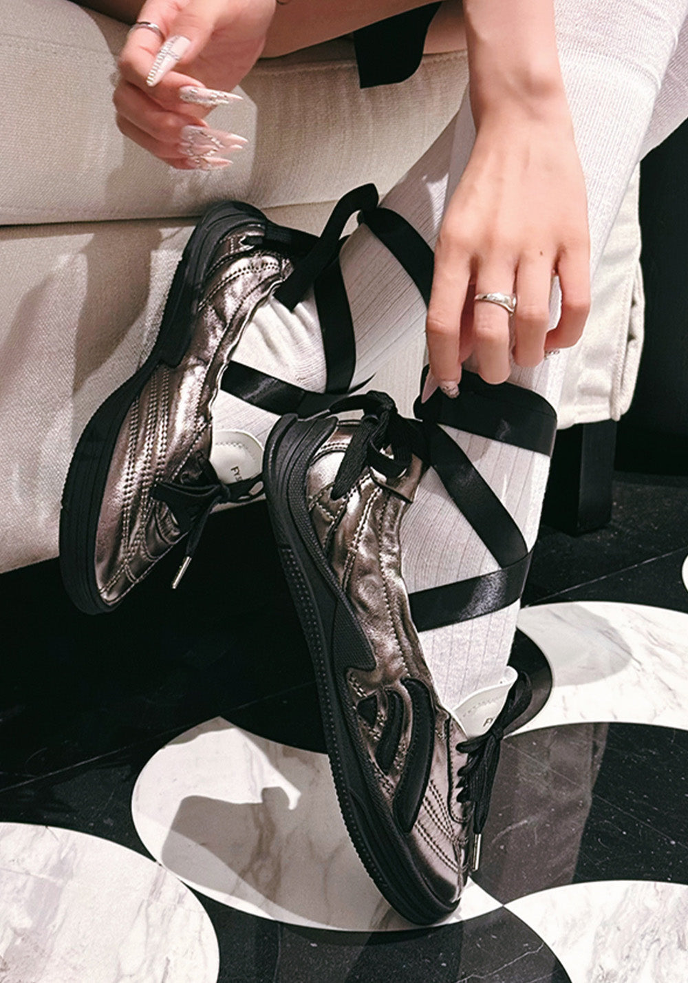 Ribbon-Lace Cutout Ballet Sandals - View 2
