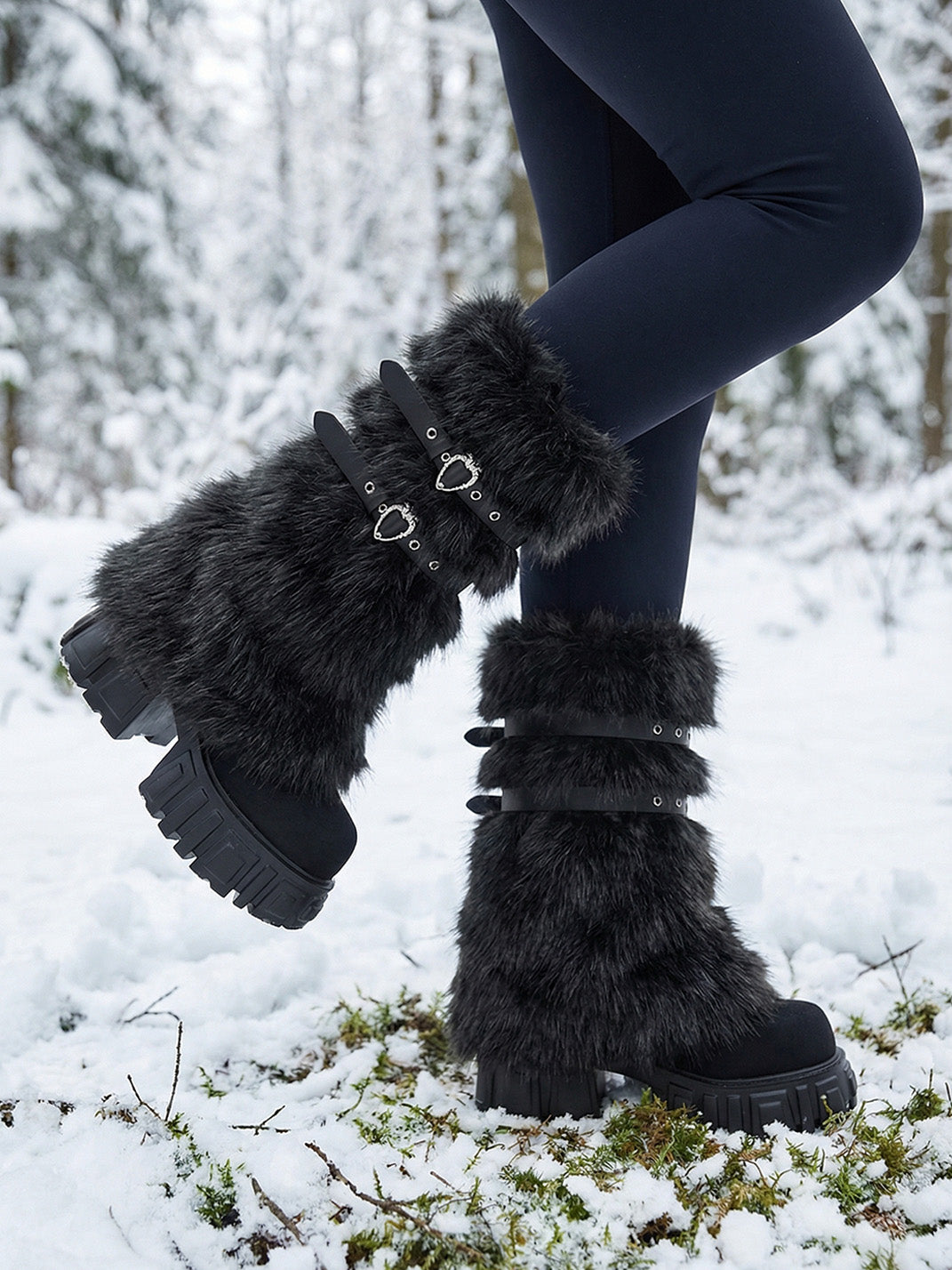 Full-Fur Buckle Platform Boots - View 4