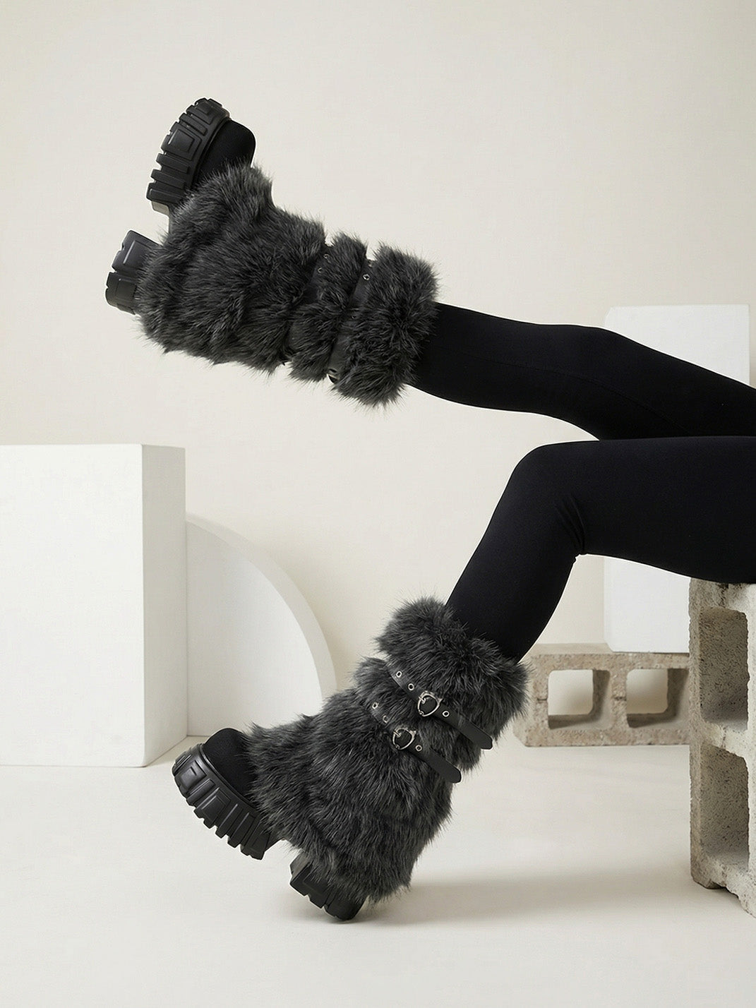 Full-Fur Buckle Platform Boots - View 5