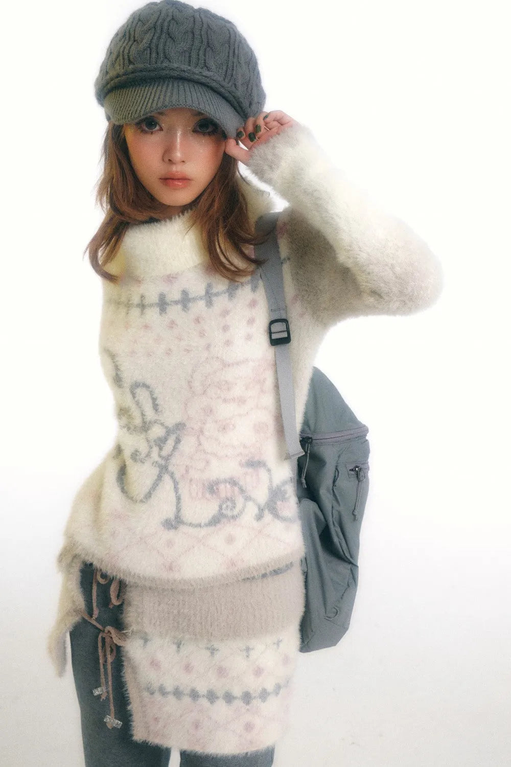 Fuzzy Graphic Print Winter Sweater