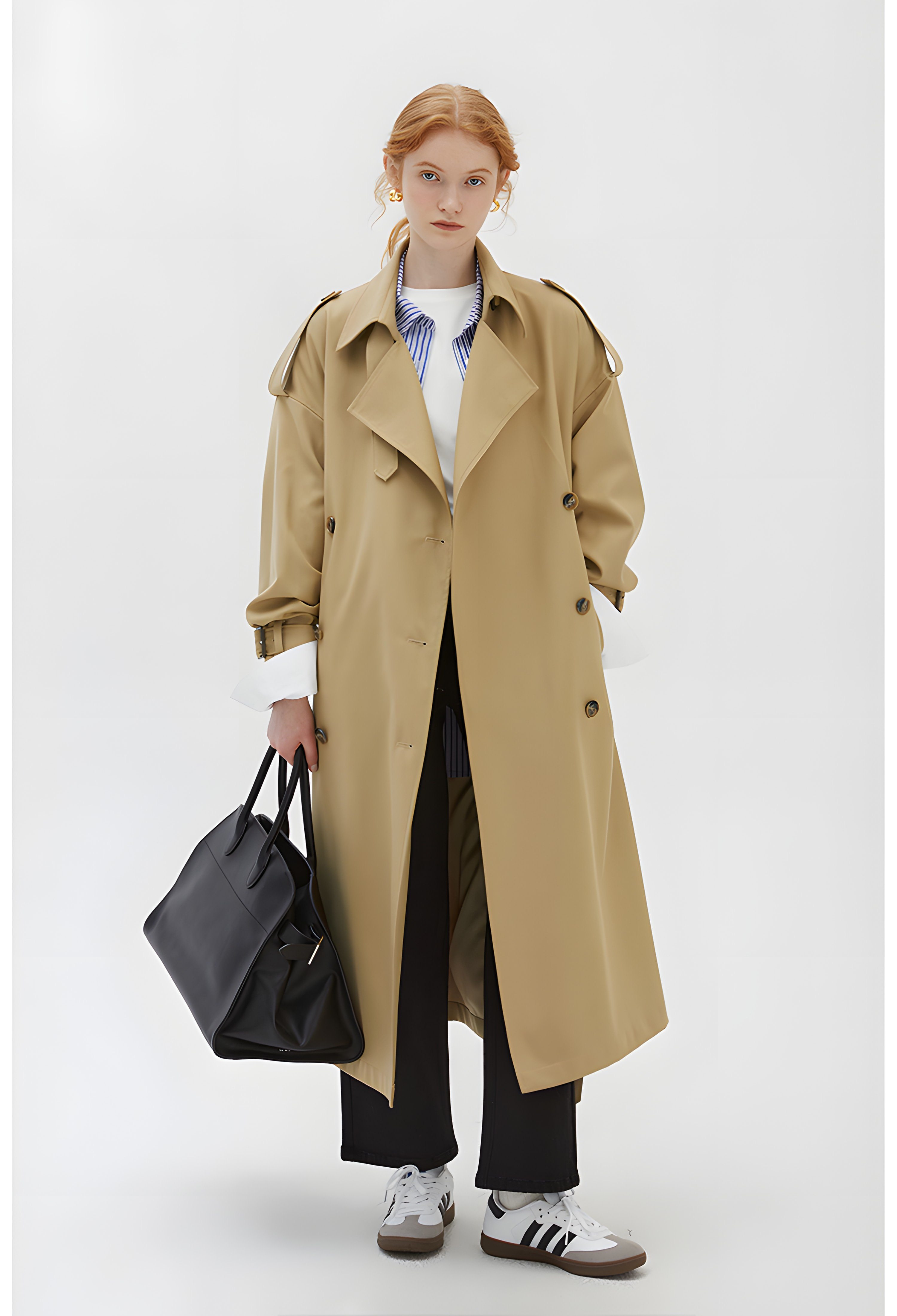 Khaki Double-Breasted Trench Coat - chiclara
