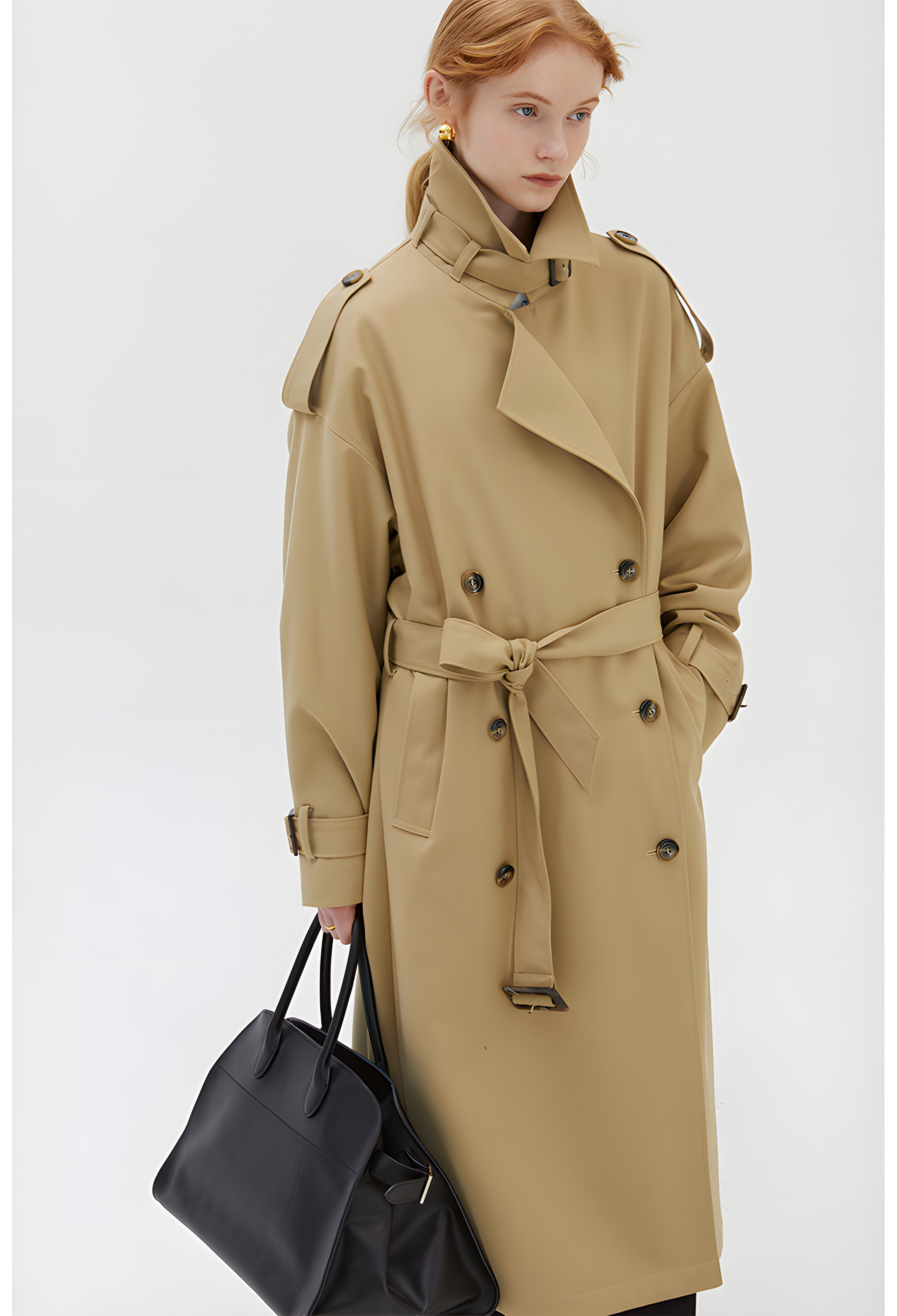 Khaki Double-Breasted Trench Coat - chiclara