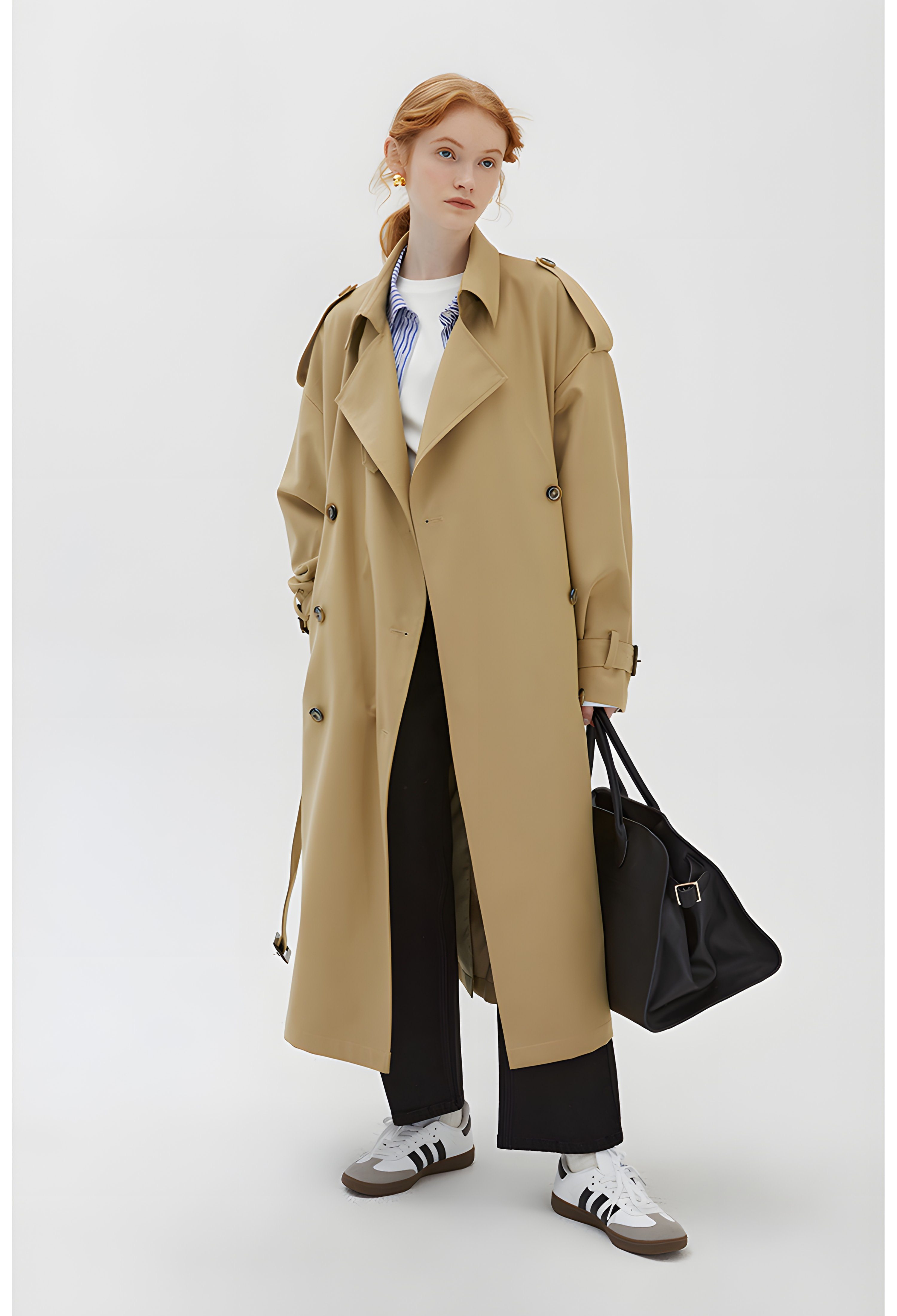 Khaki Double-Breasted Trench Coat - chiclara