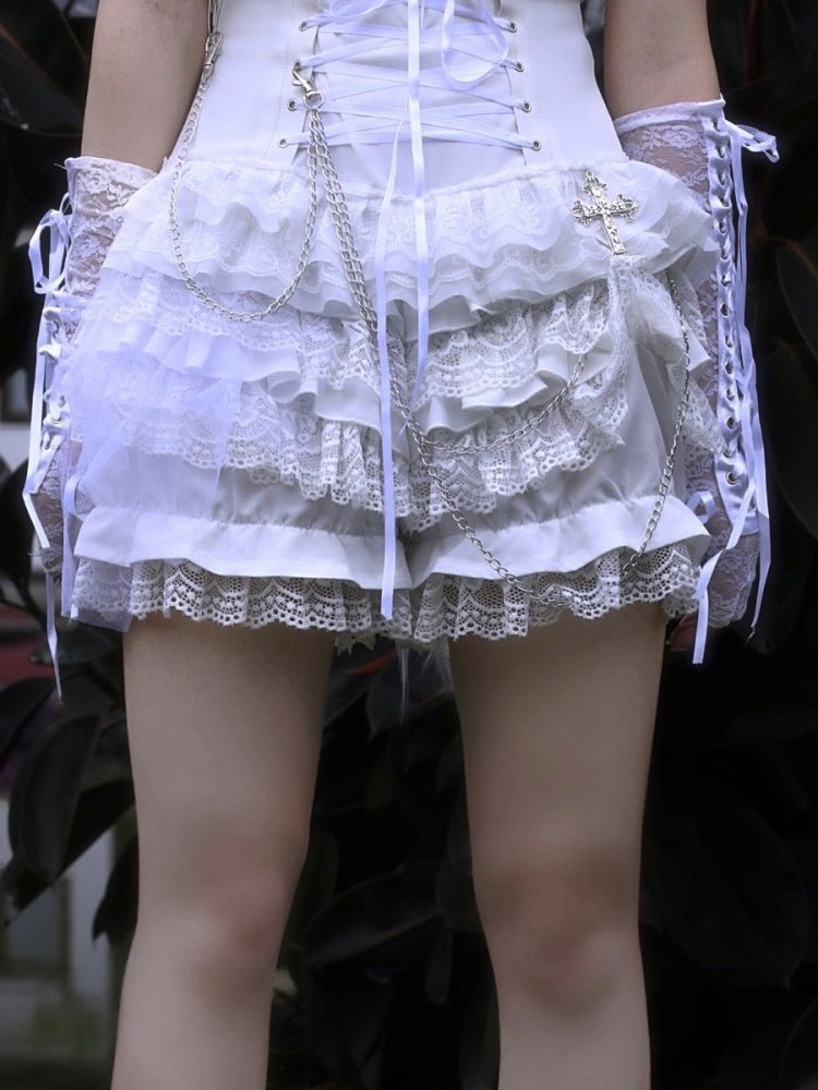 Gothic Lolita Shorts with White Layered Lace Ruffles