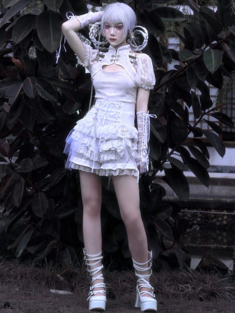 Gothic Lolita Shorts with White Layered Lace Ruffles