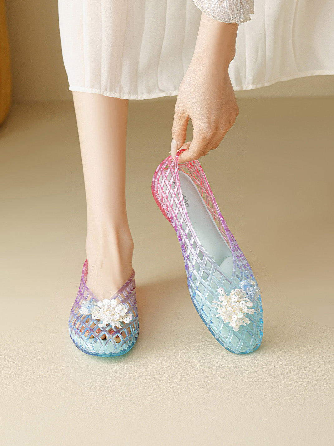Gradient Rainbow Jelly Ballet Flats - View 2