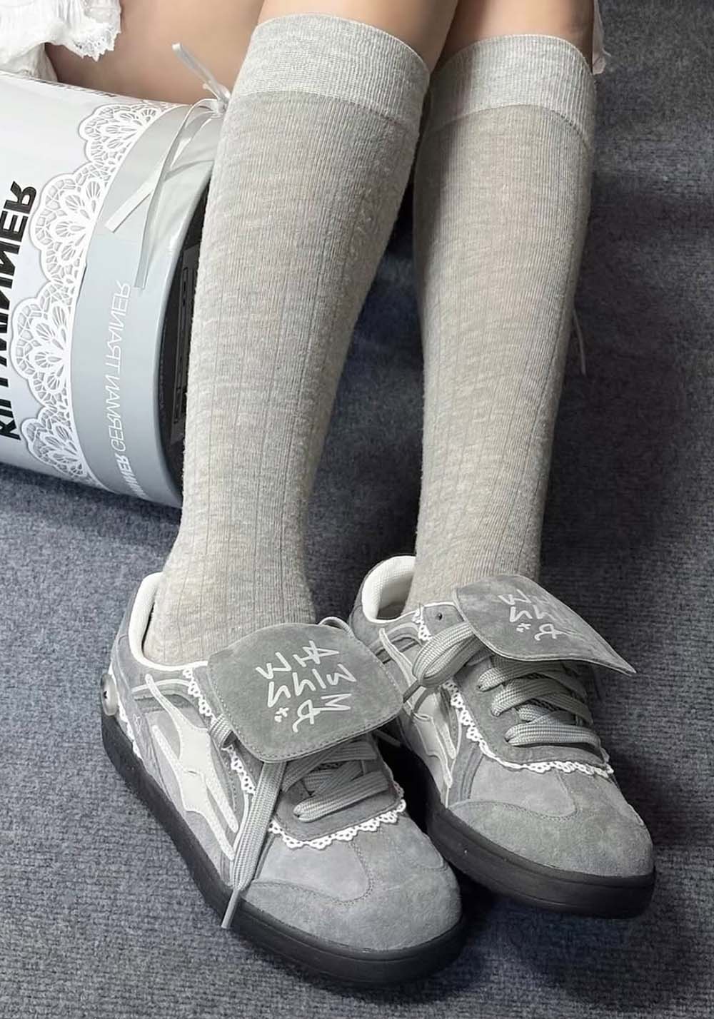 Grey Lace-Wrapped Retro Trainer Sneakers - View 2
