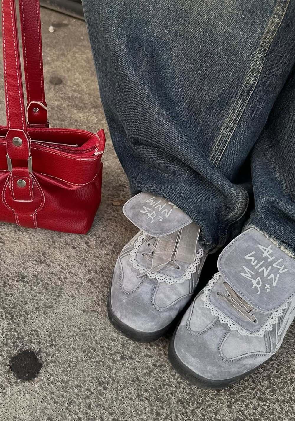 Grey Lace-Wrapped Retro Trainer Sneakers - View 3