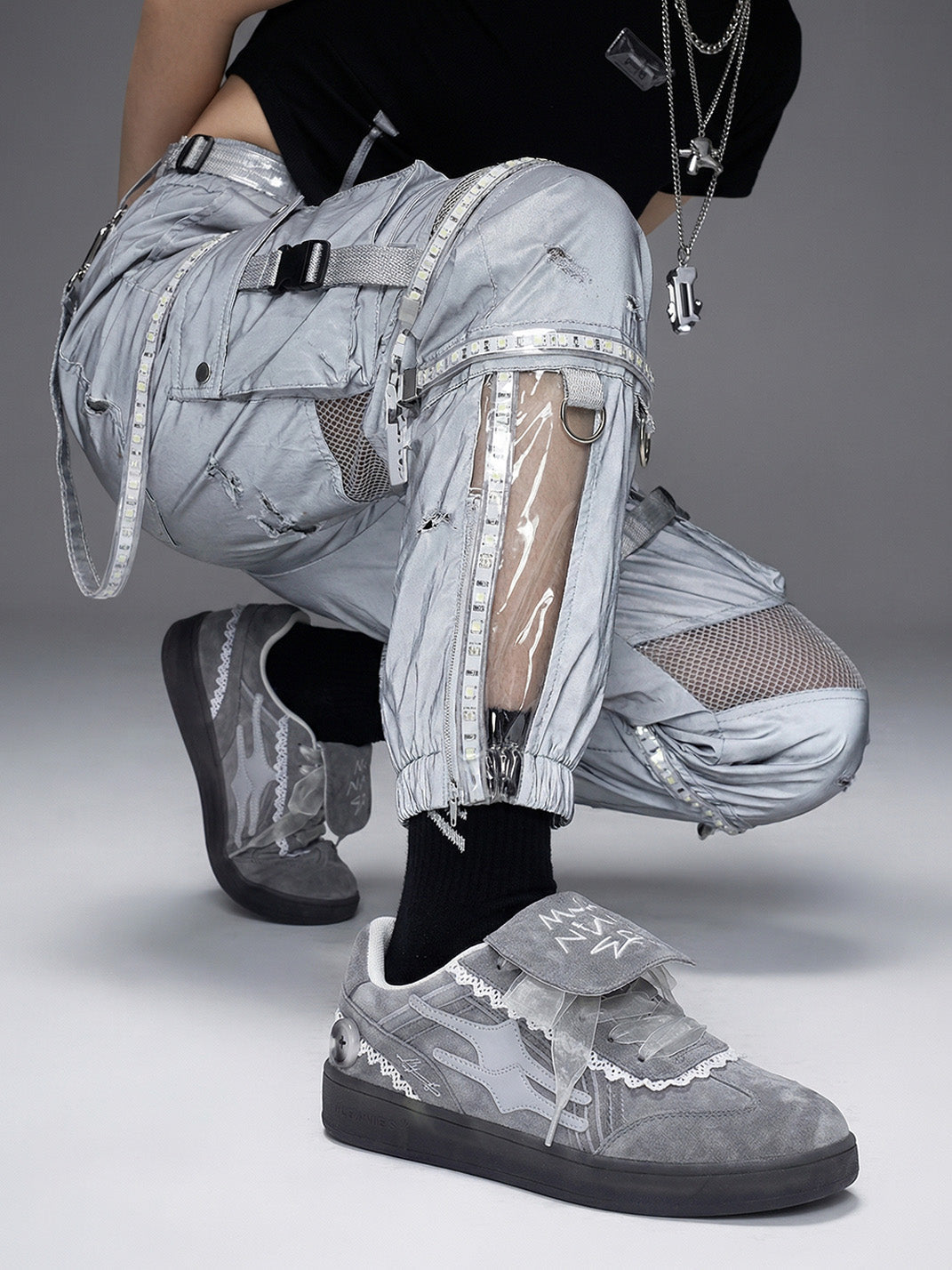 Grey Lace-Wrapped Retro Trainer Sneakers - View 5