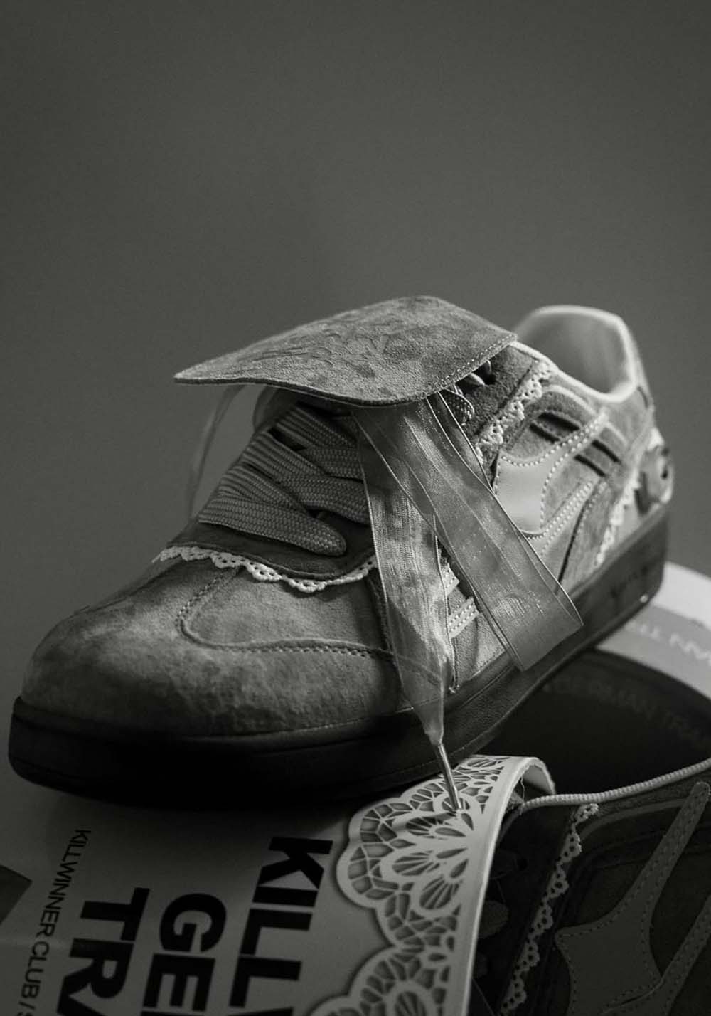 Grey Lace-Wrapped Retro Trainer Sneakers - View 7