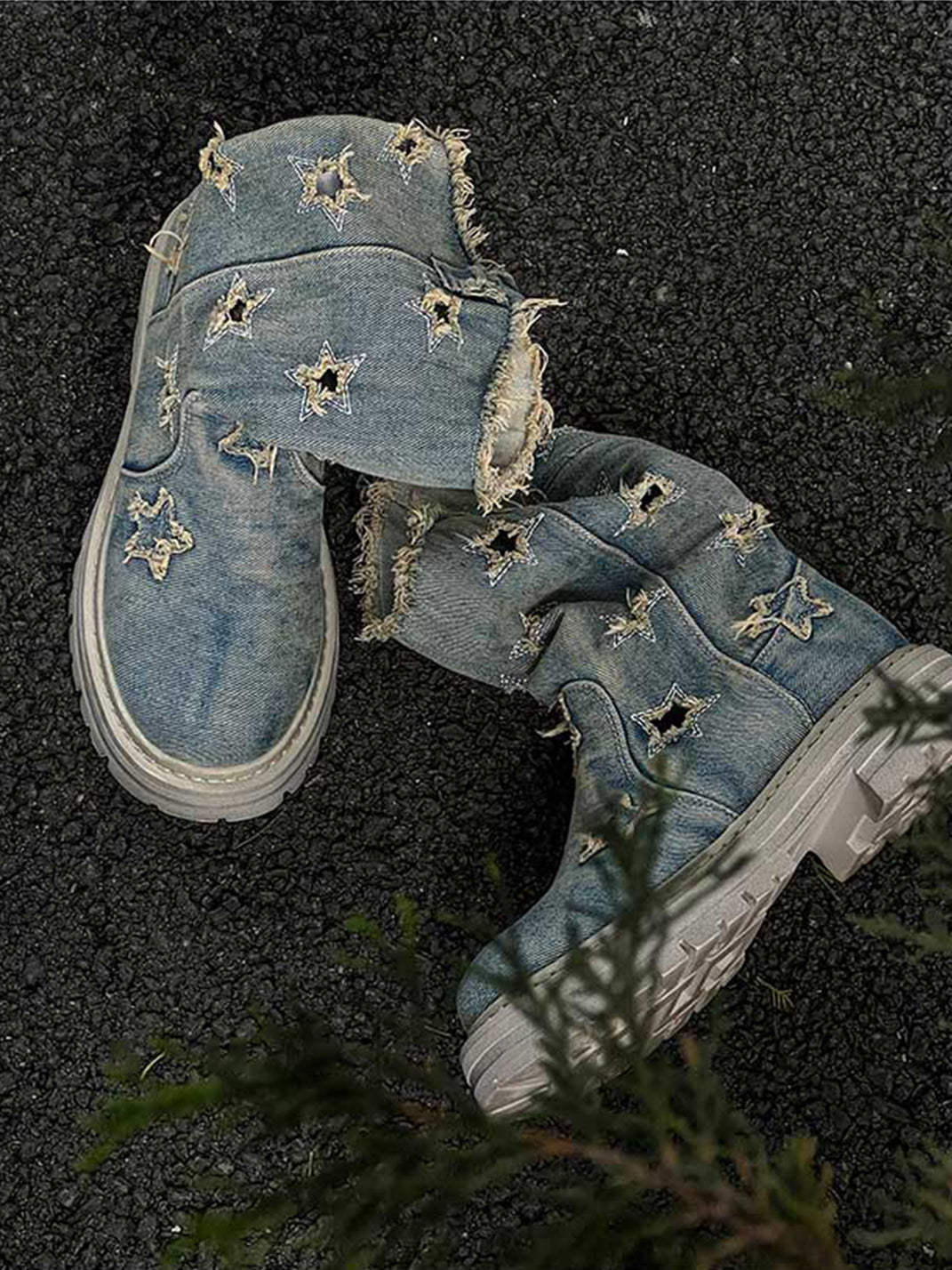 Star-Cutout Distressed Denim Platform Boots - View 4