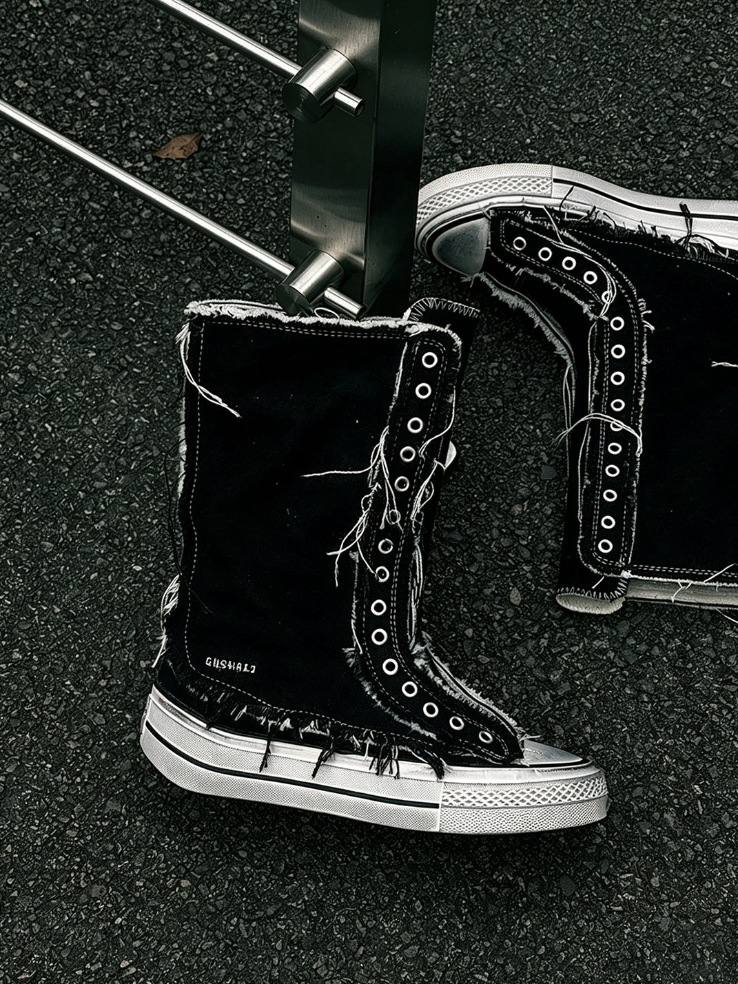 Distressed High-Top Canvas Platform Boots - View 15