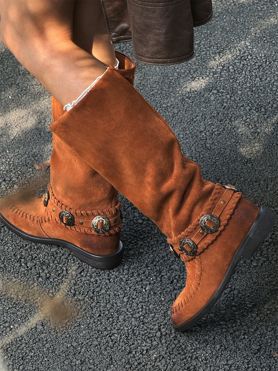 Buckled Suede Western Knee-High Riding Boots - View 2