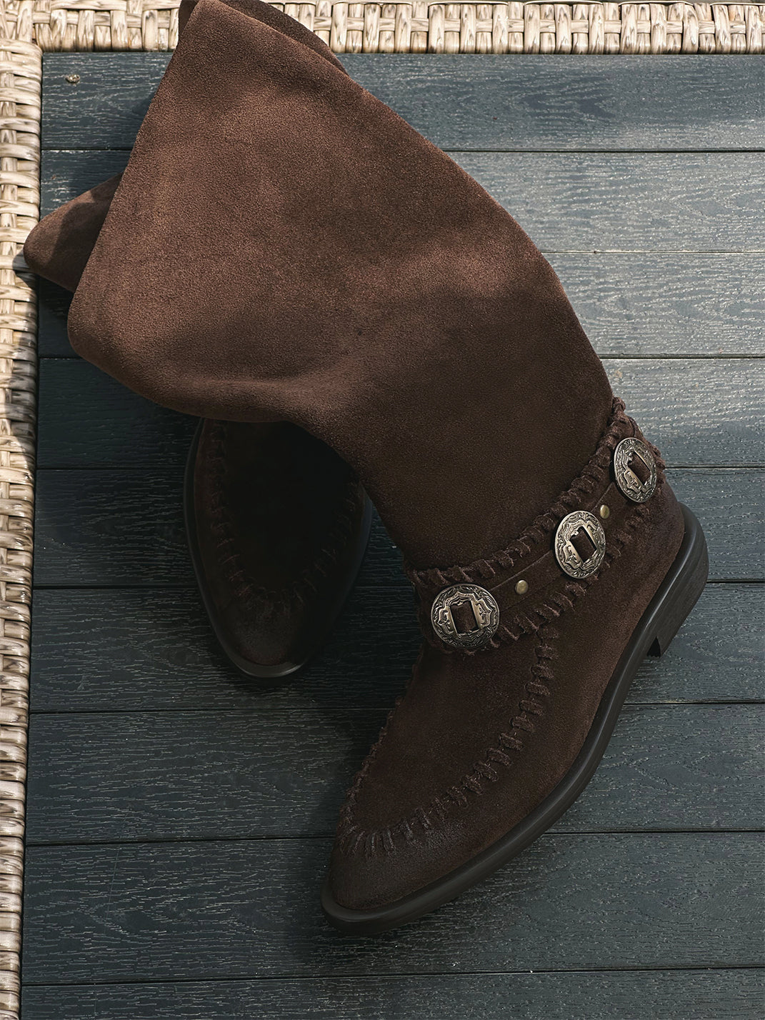 Buckled Suede Western Knee-High Riding Boots - View 15