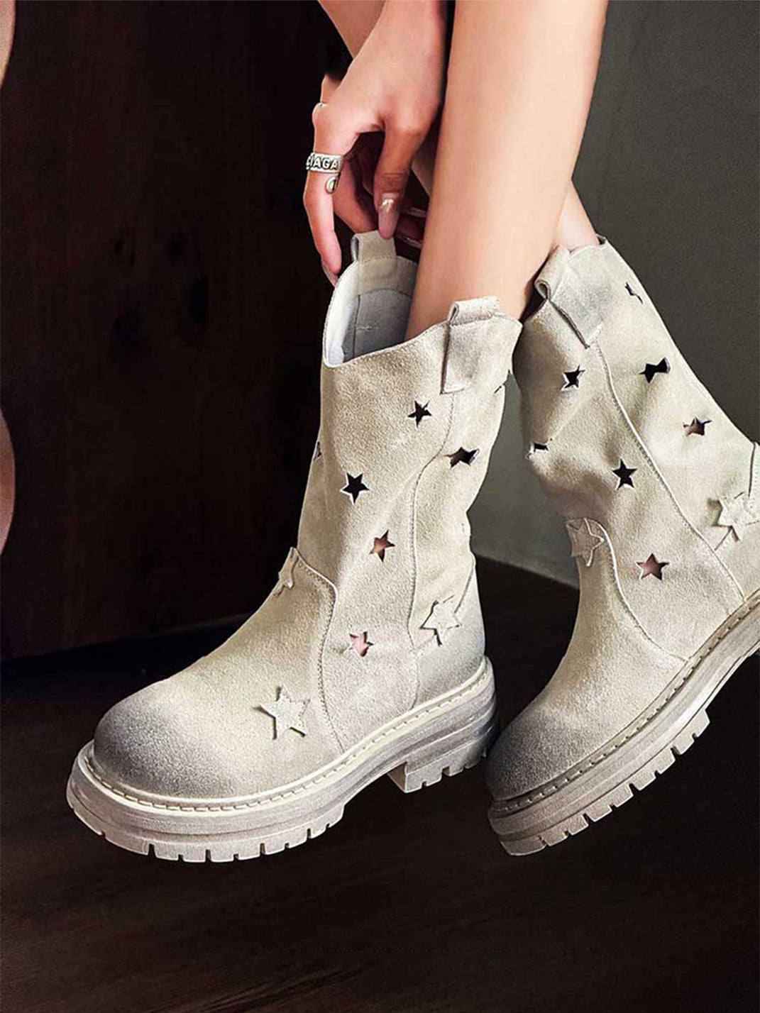 Gray Perforated-Star Nubuck Platform Boots - View 3
