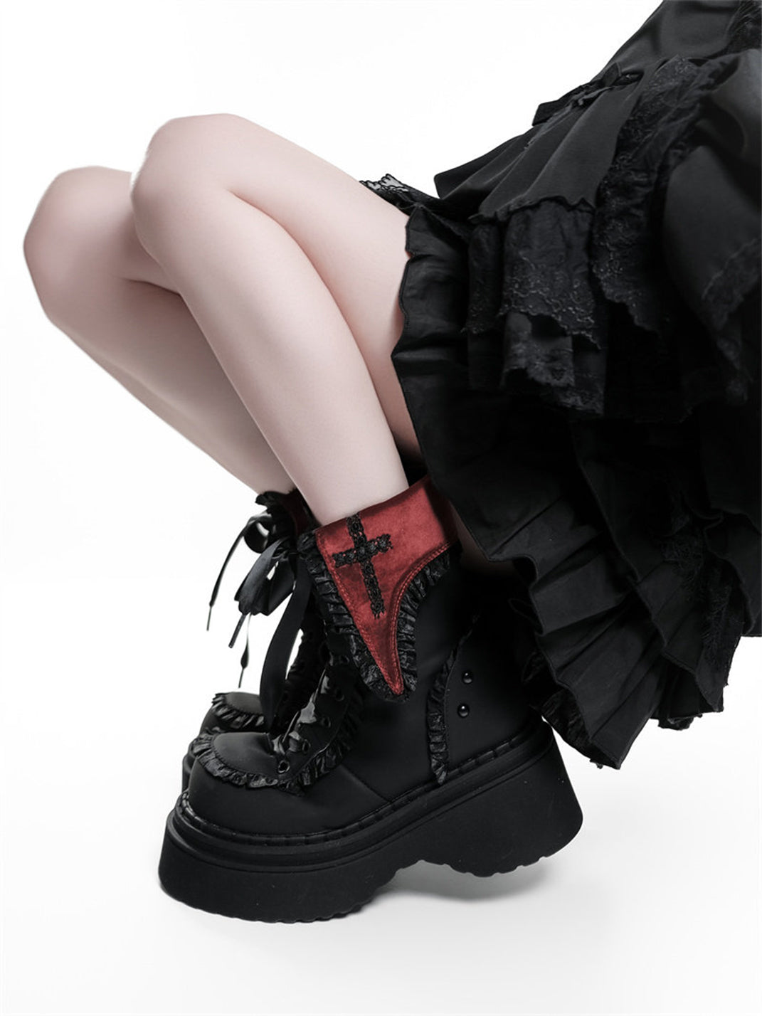 Cross-Applique Red-Lace Platform Combat Boots - View 7
