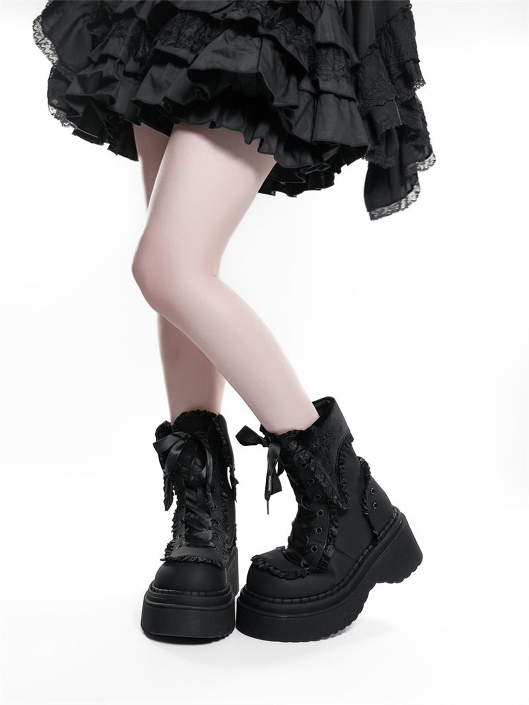 Cross-Applique Red-Lace Platform Combat Boots - View 16
