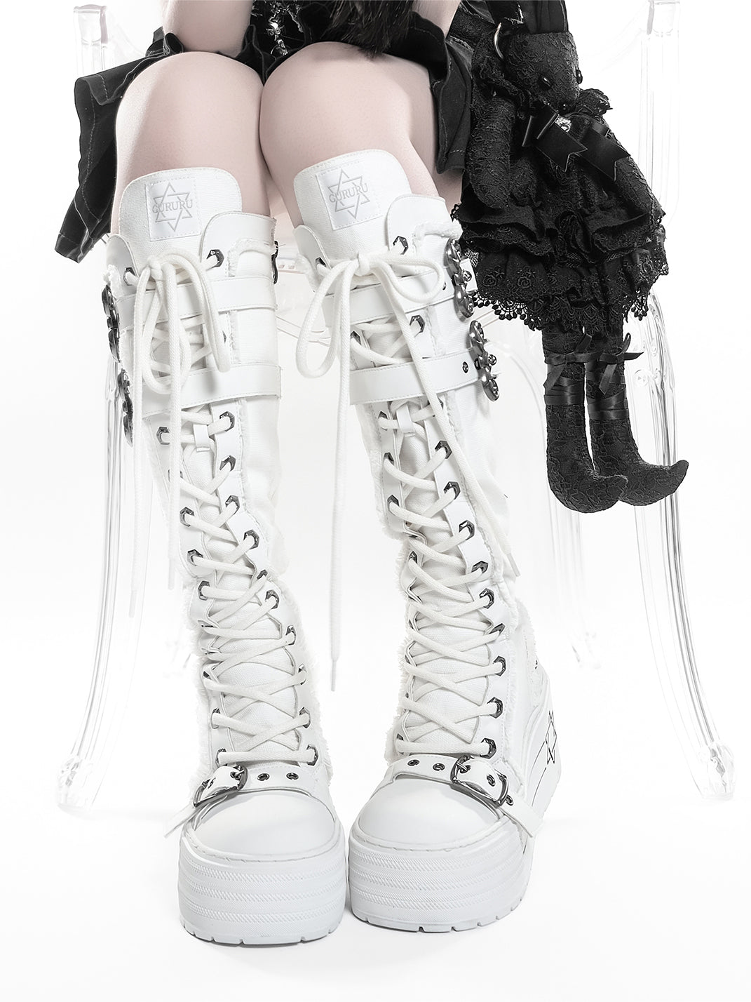 White Triple-Buckle Platform Knee-High Boots - View 3