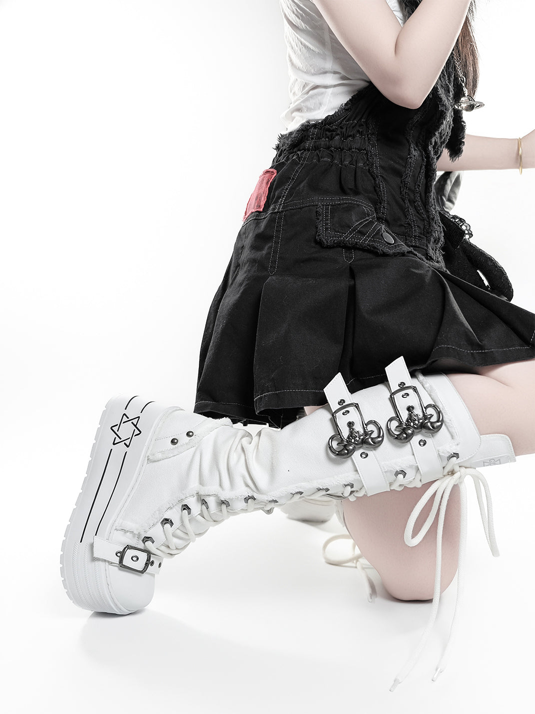 White Triple-Buckle Platform Knee-High Boots - View 6