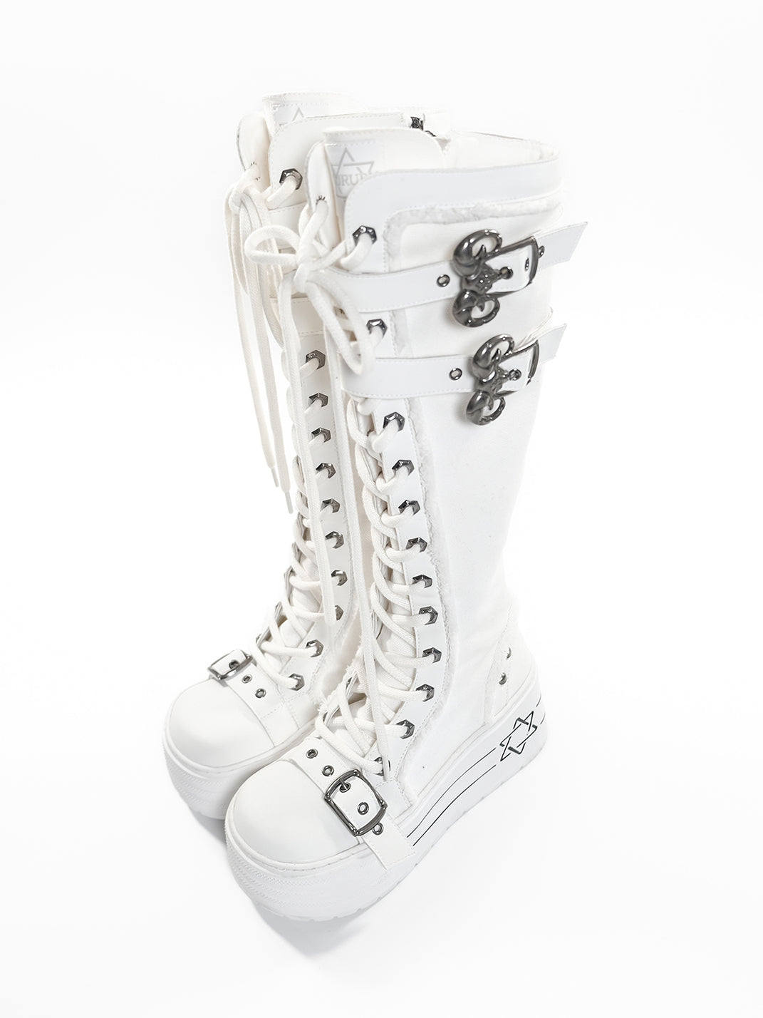 White Triple-Buckle Platform Knee-High Boots - View 7