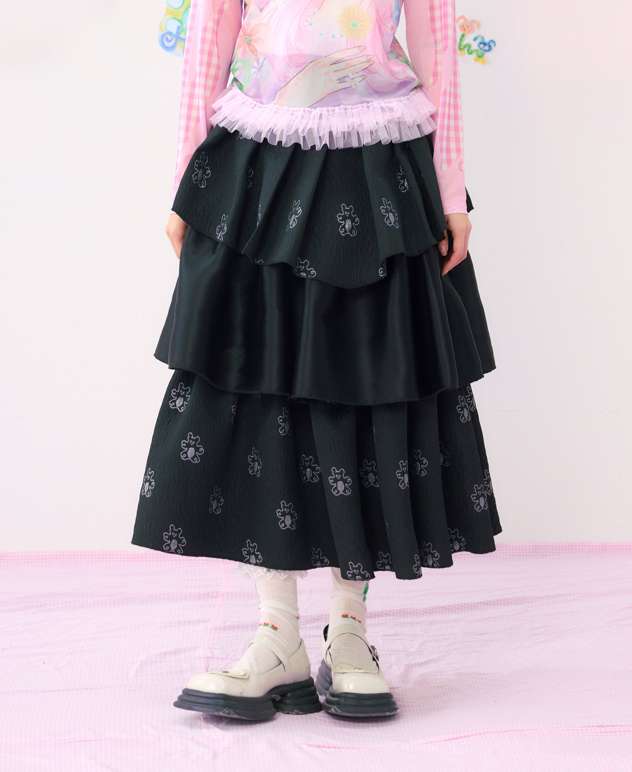 Black Tiered Ruffle Midi Skirt
