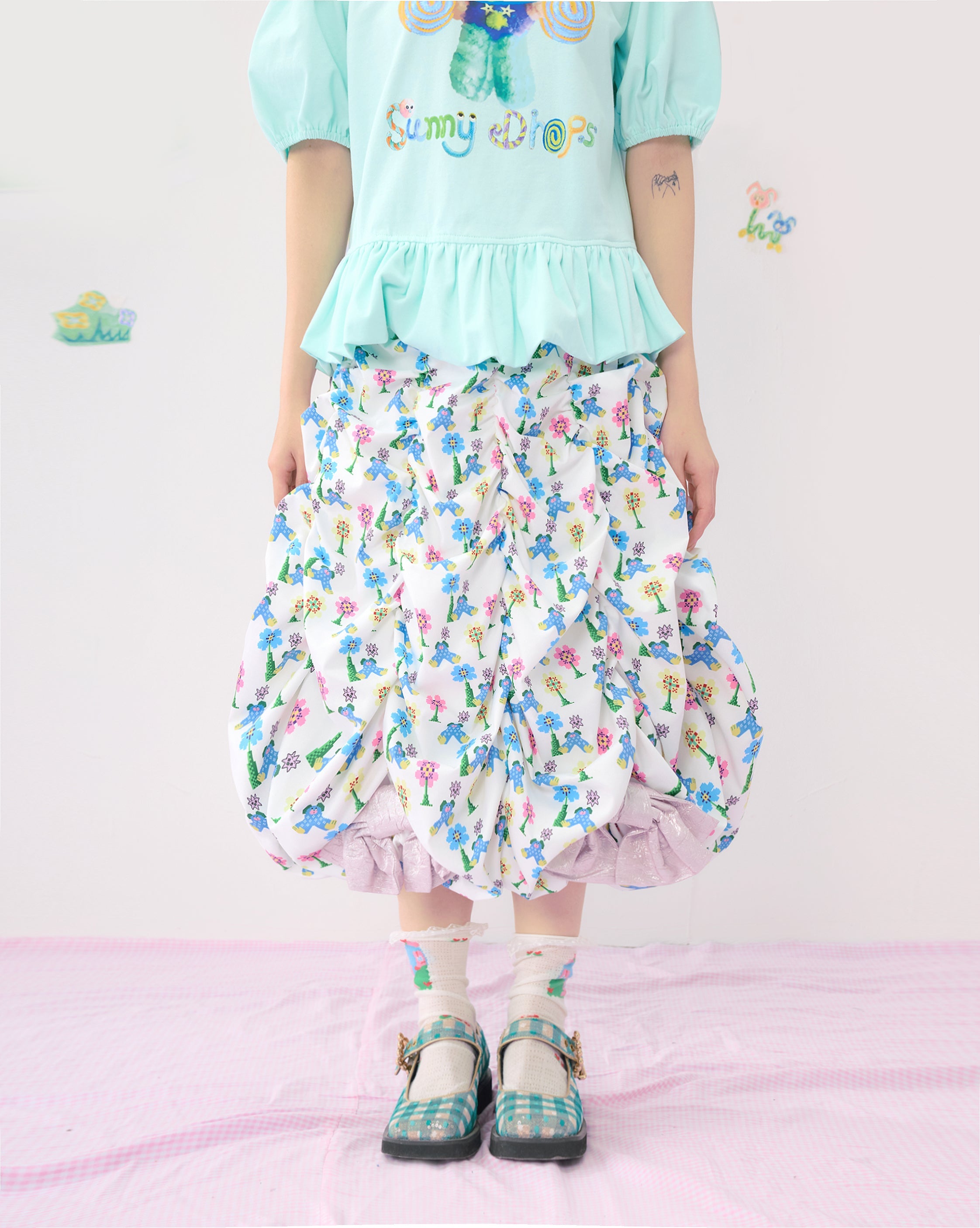 Floral Bear Print Bubble Midi Skirt