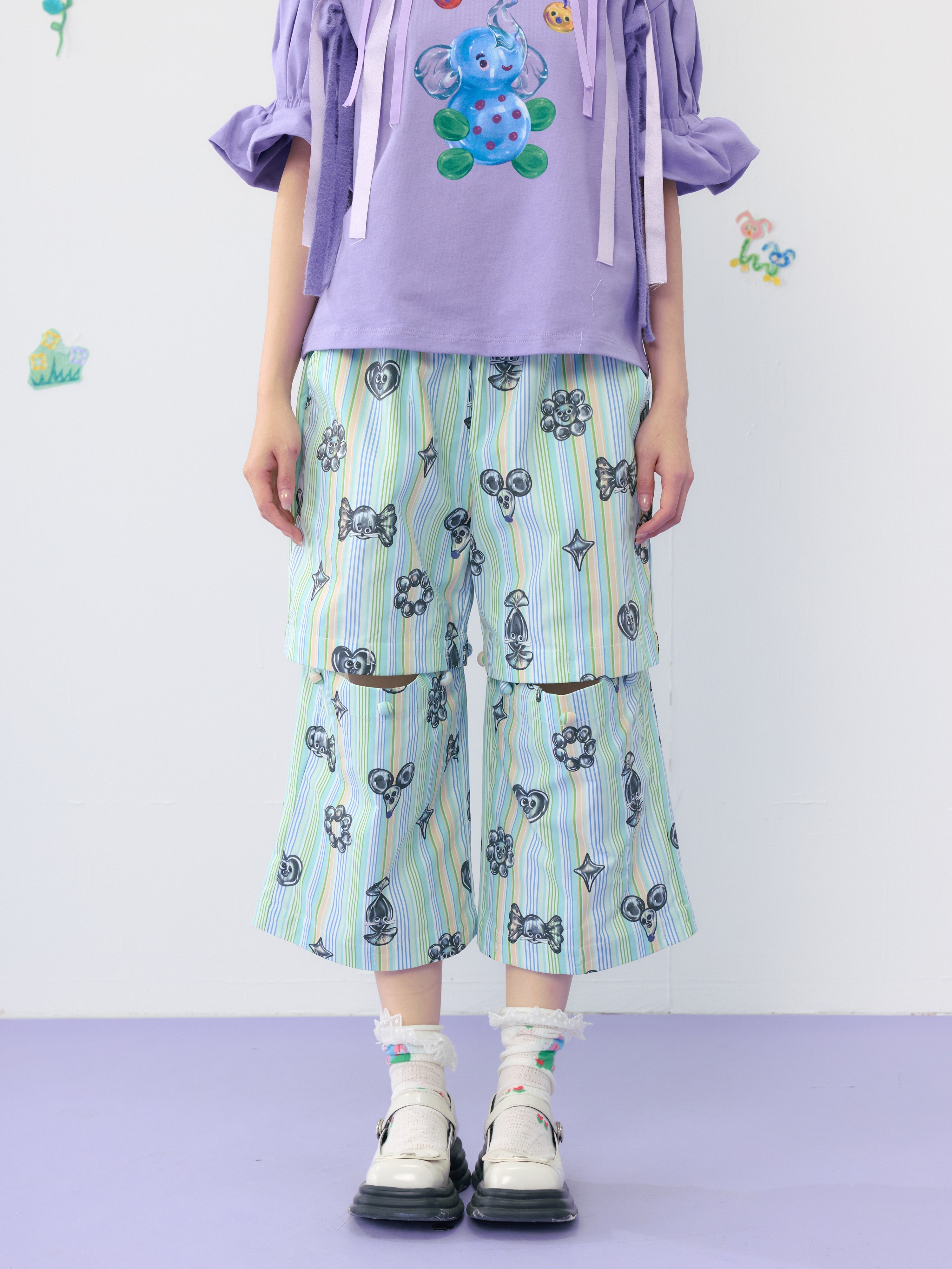 Pastel Striped Double Layer Wide Pants