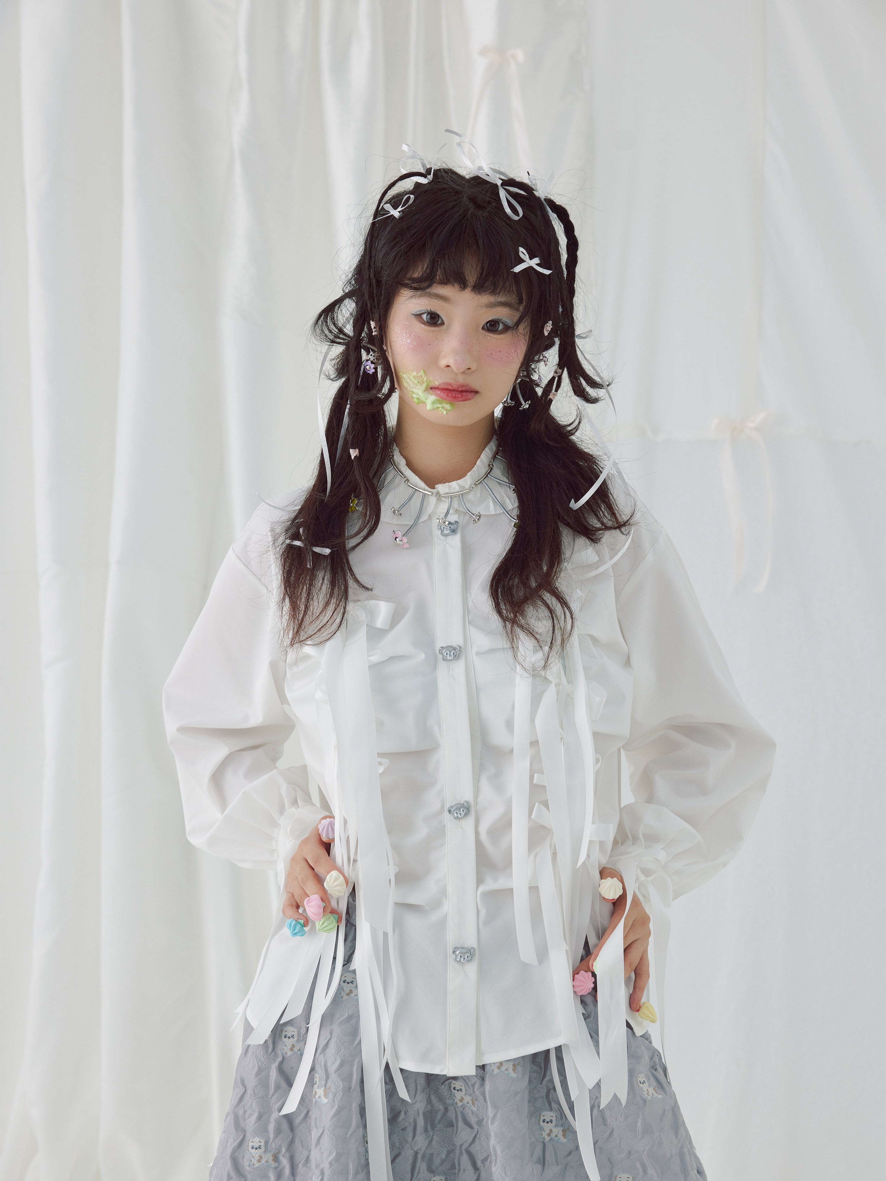 White Fringe Ribbon Button Up Shirt