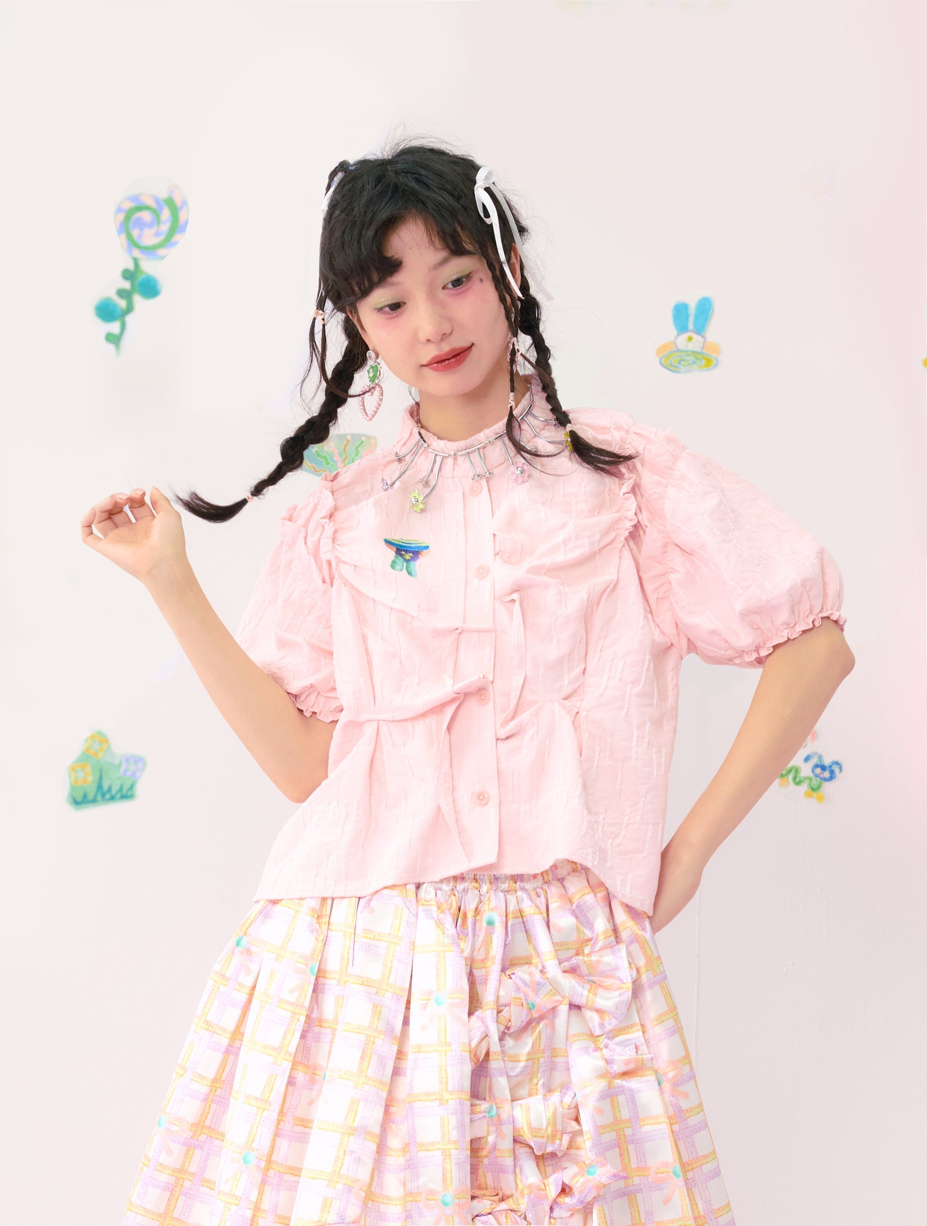 Pink Ruffle Collar Blouse with Bow Detail