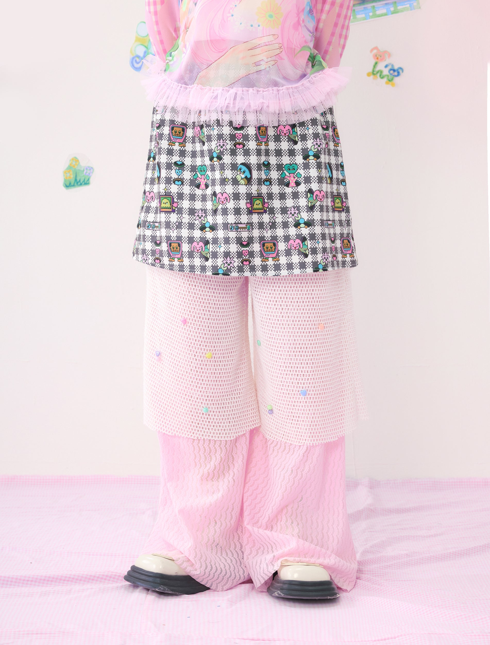 Layered Pink Pants with Gingham Bear Print Overskirt