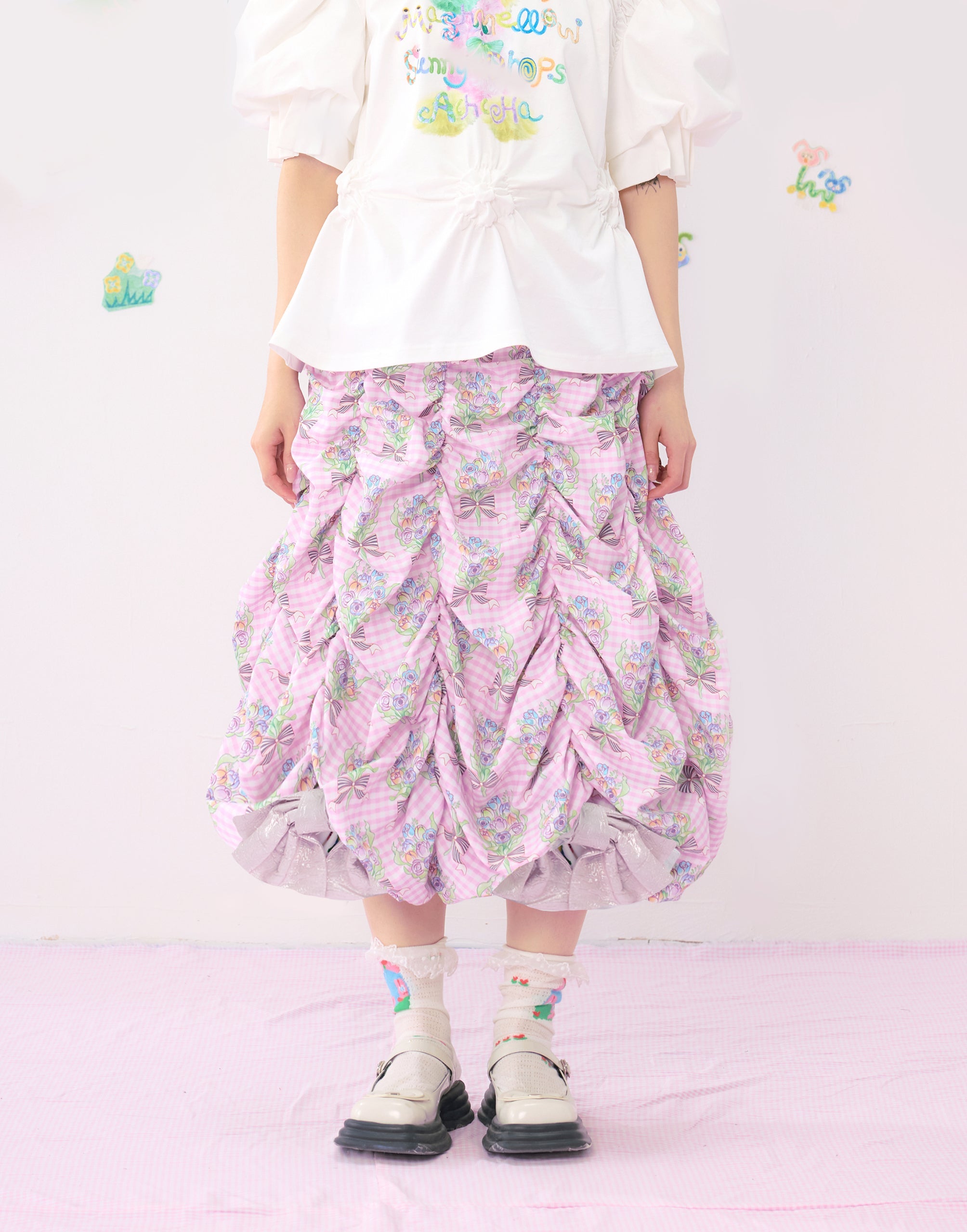 Pink Floral Ruched Bubble Skirt