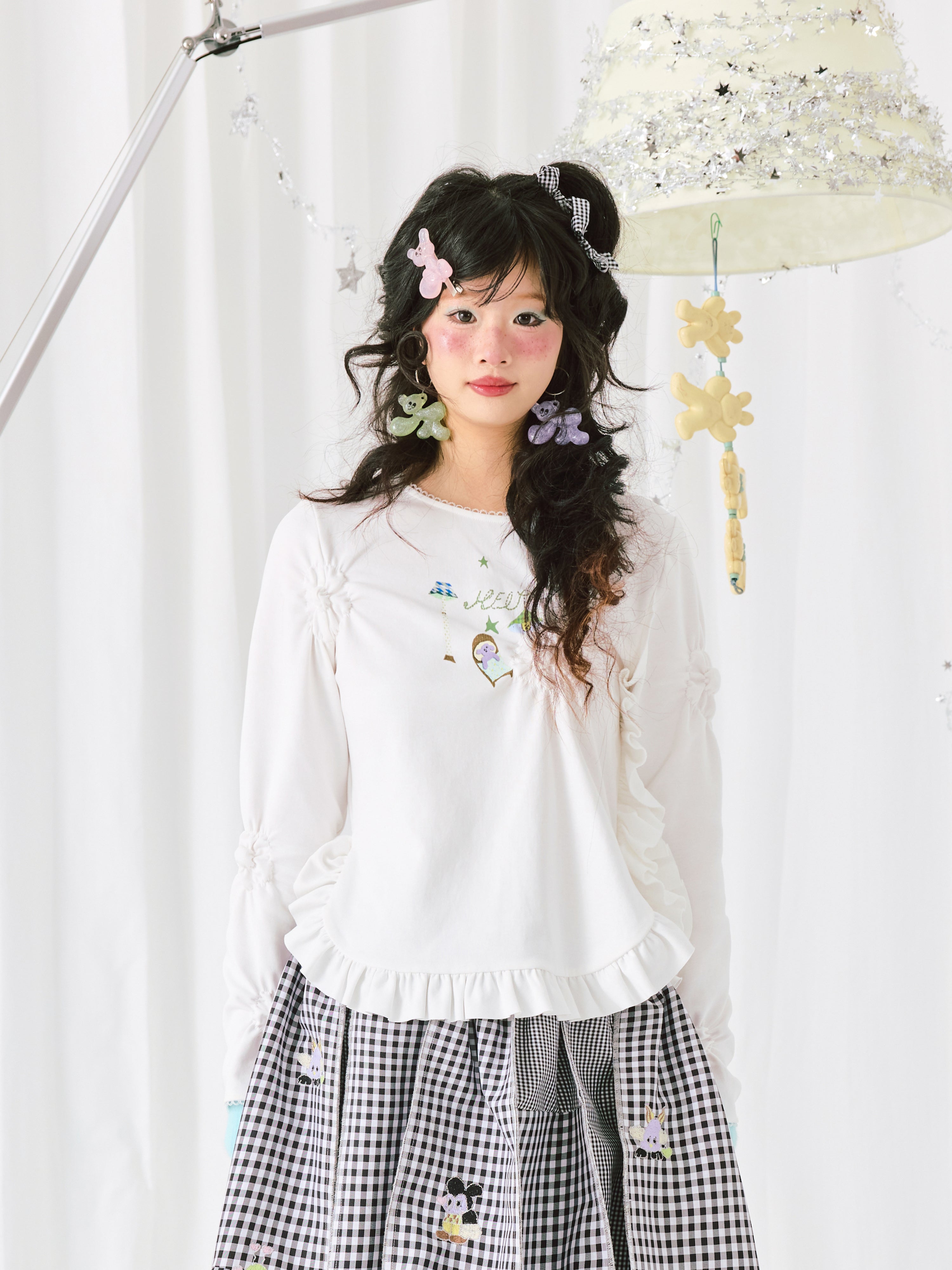 White Embroidered Ruffle Trim Long Sleeve
