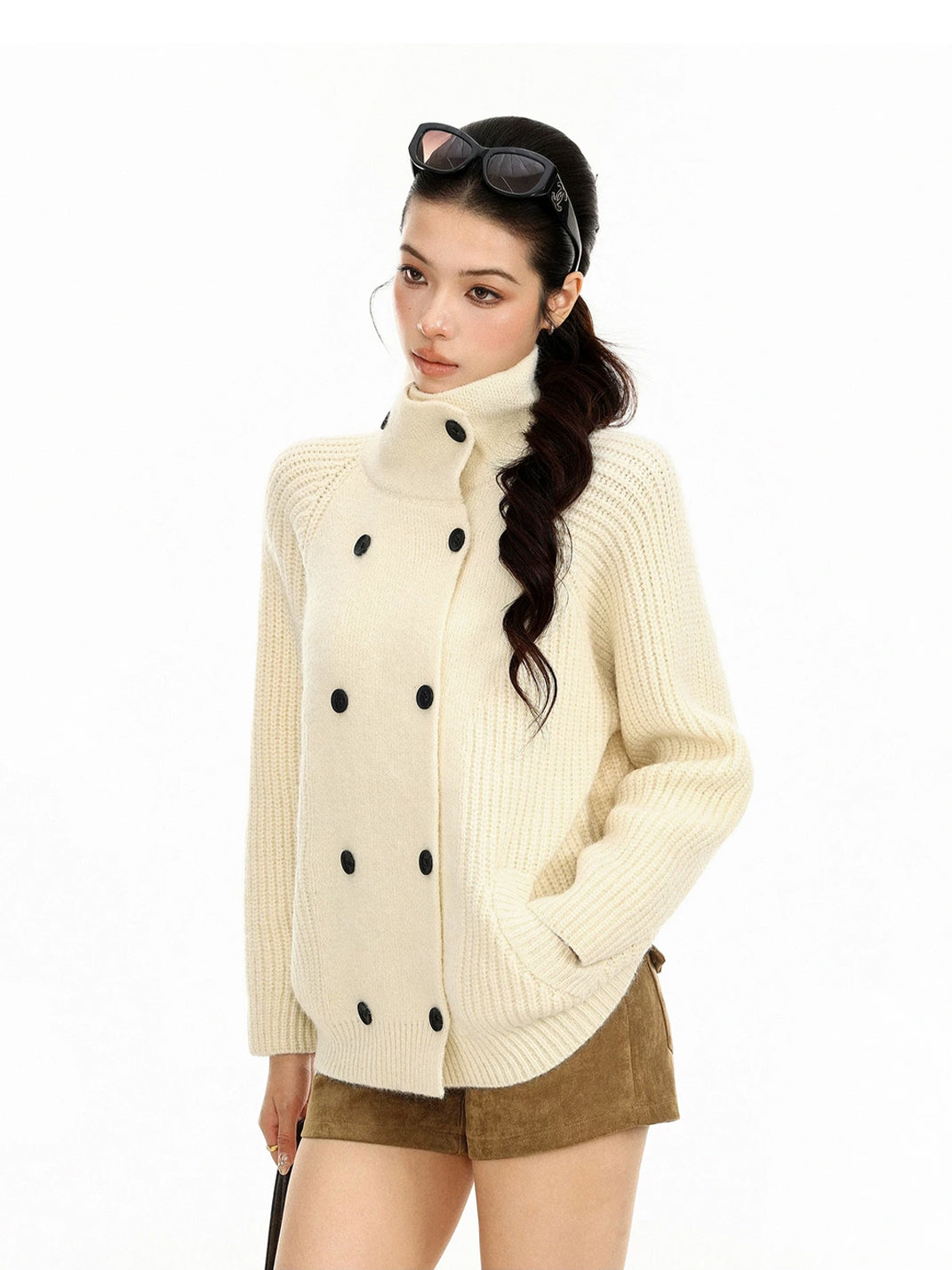 High-Neck Double-Button Ribbed Cardigan — product view 2