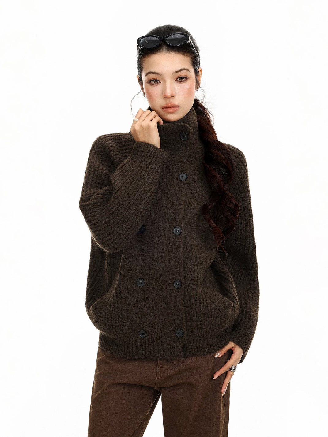 High-Neck Double-Button Ribbed Cardigan — product view 5