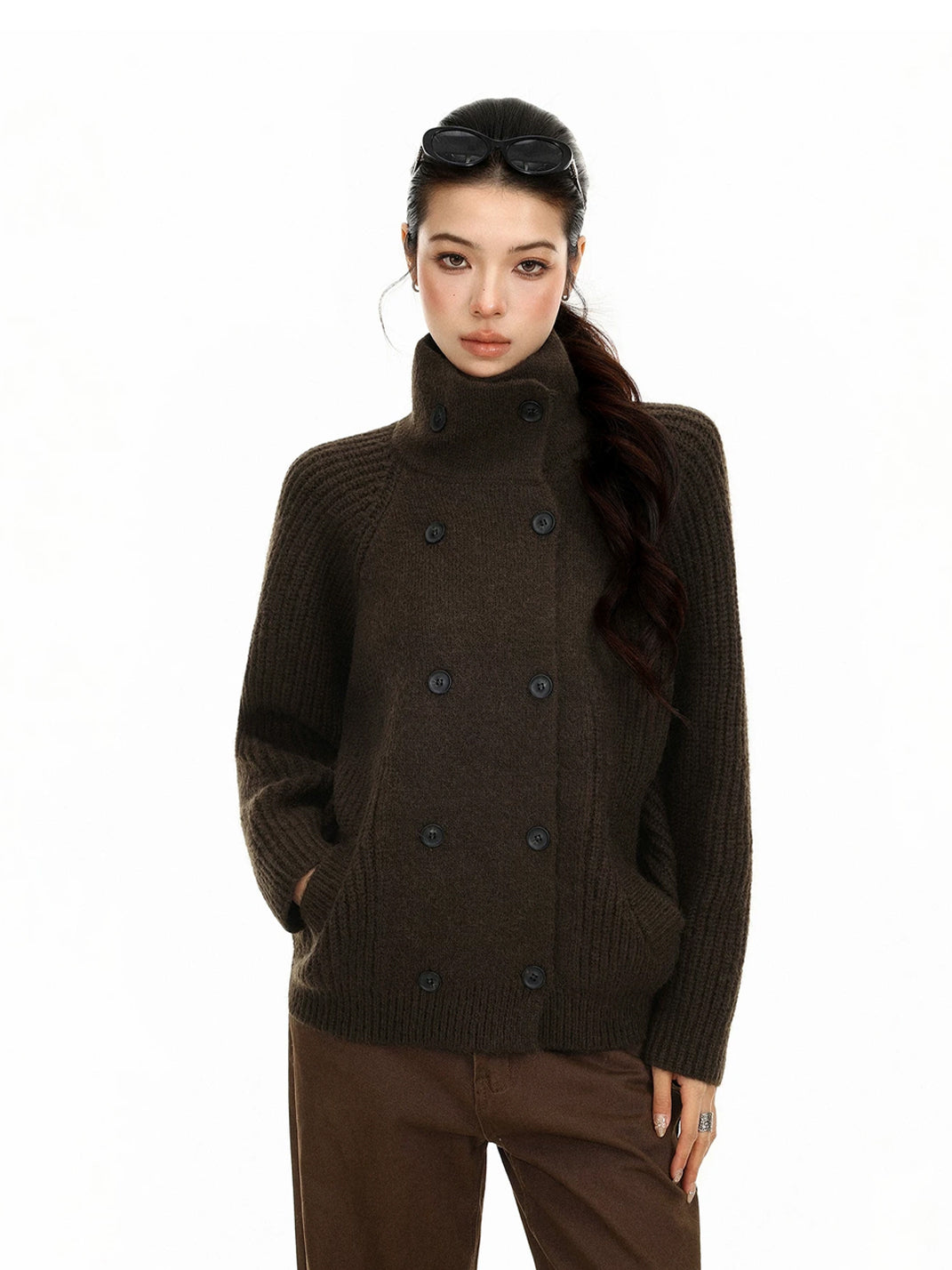 High-Neck Double-Button Ribbed Cardigan — product view 6