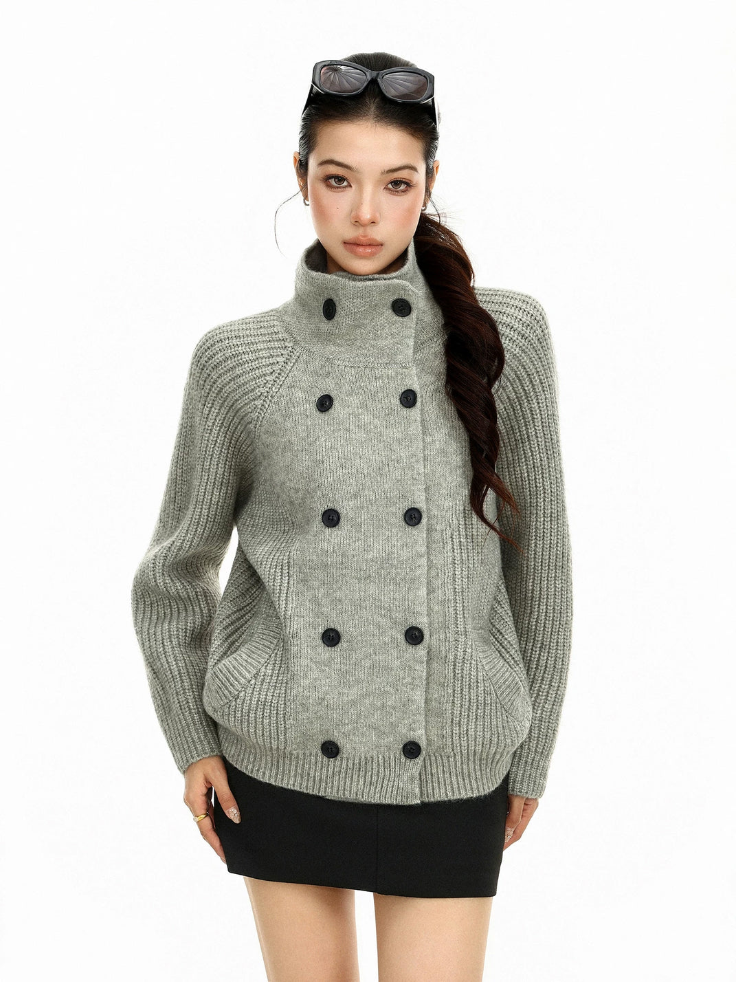High-Neck Double-Button Ribbed Cardigan — product view 9