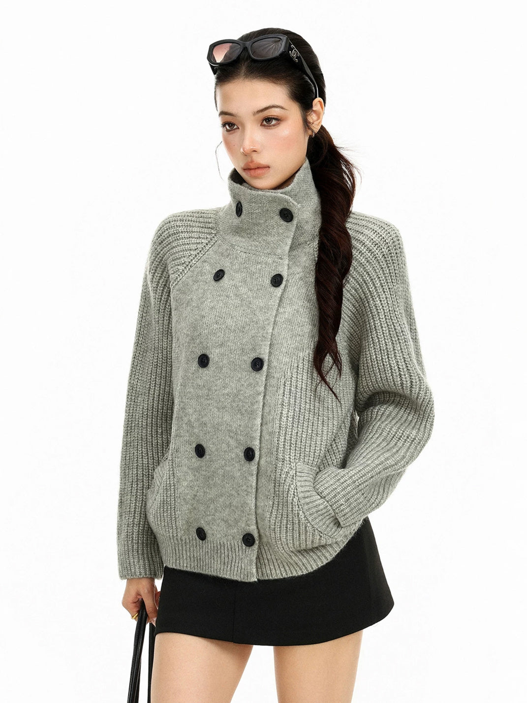 High-Neck Double-Button Ribbed Cardigan — product view 10