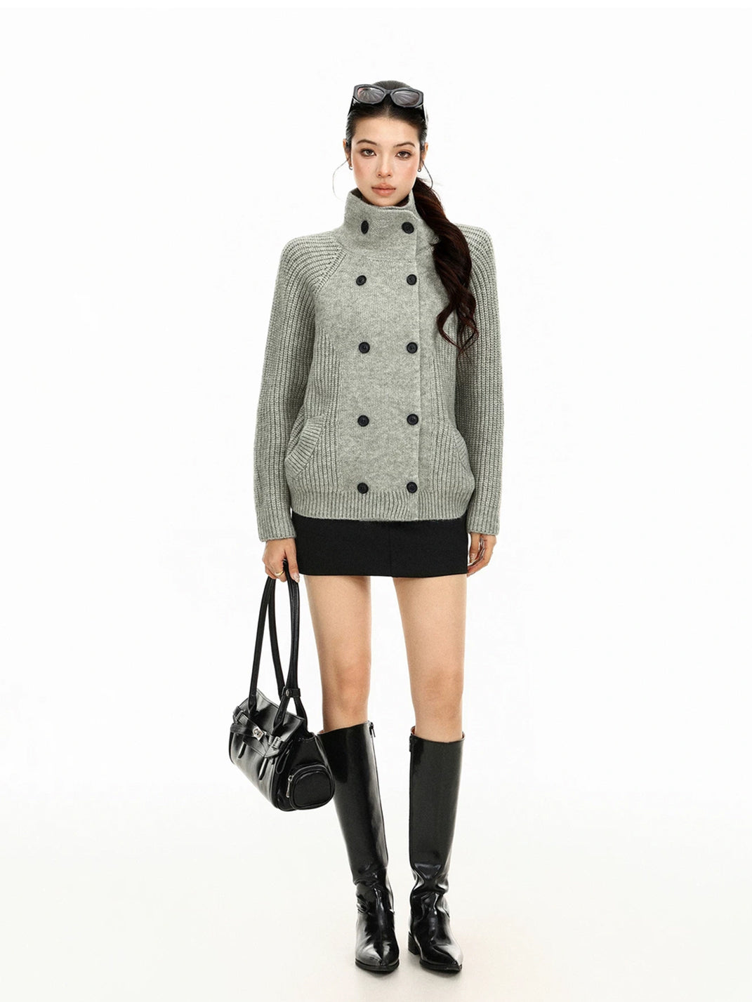 High-Neck Double-Button Ribbed Cardigan — product view 12