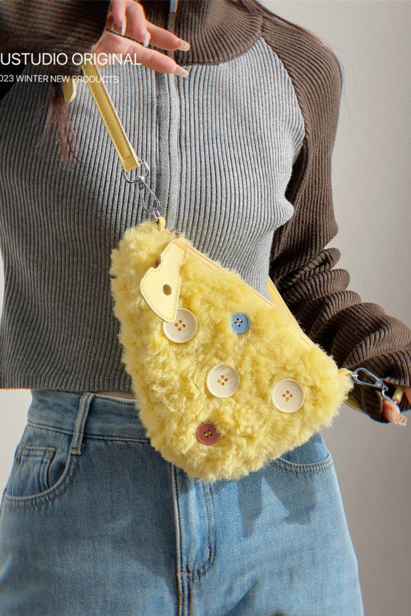 Yellow Furry Button Mini Shoulder Bag