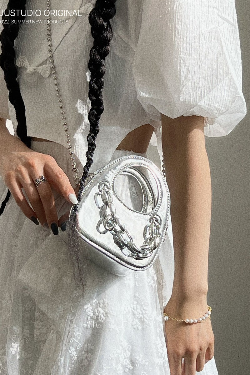 Metallic Silver Chain Detail Mini Handbag
