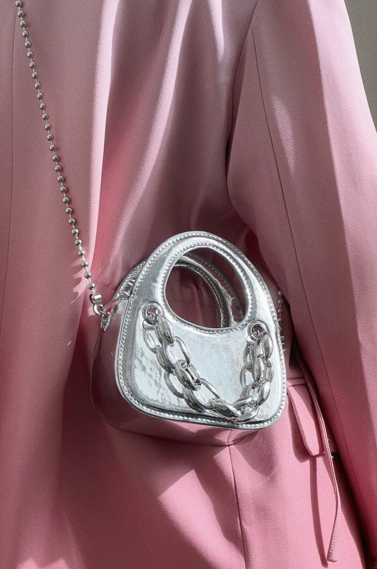 Metallic Silver Chain Detail Mini Handbag