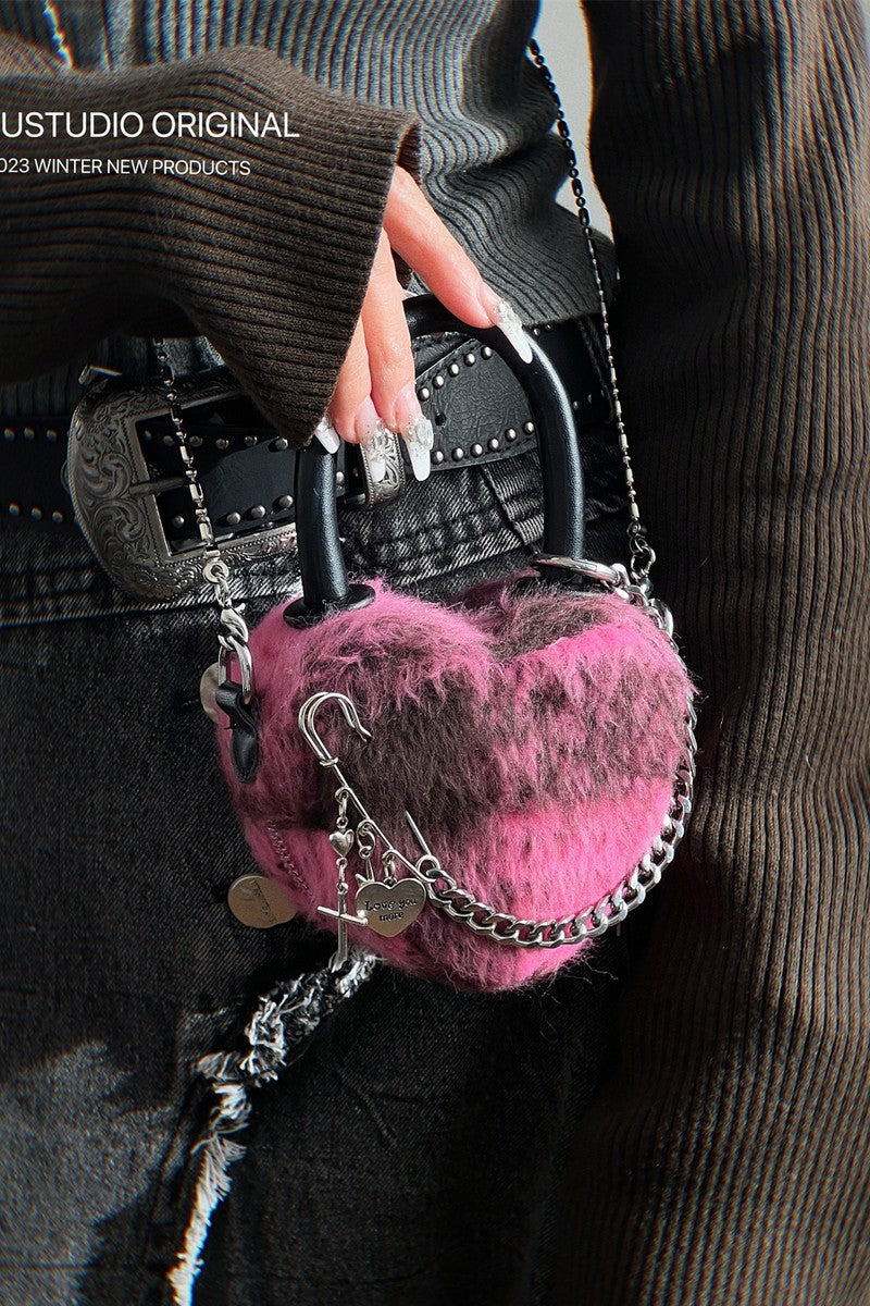 Pink Fuzzy Heart Mini Bag