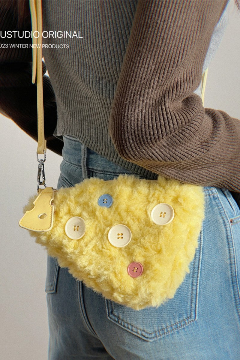 Yellow Furry Button Mini Shoulder Bag