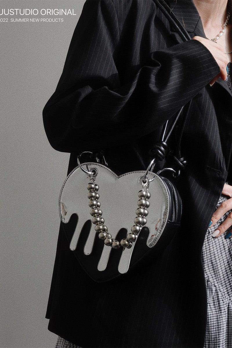 Metallic Heart Crossbody Bag - Liquid Chrome Mini Purse with Dangle Details