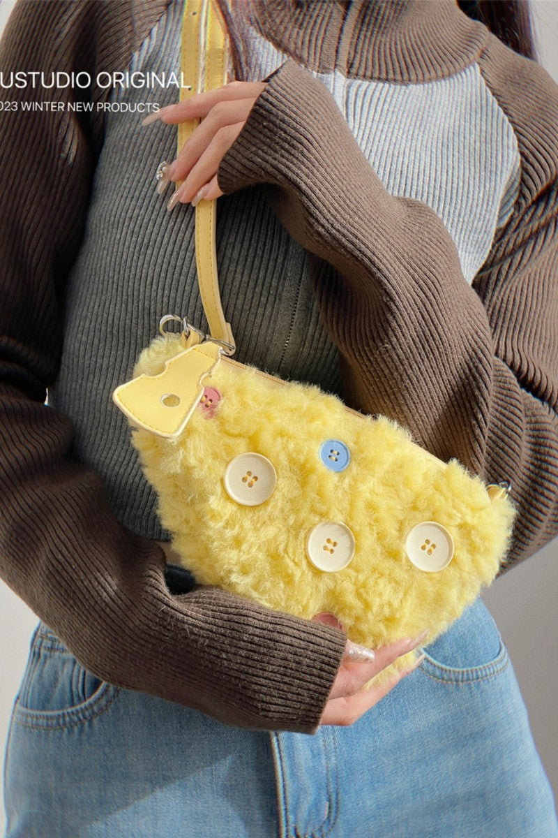 Yellow Furry Button Mini Shoulder Bag